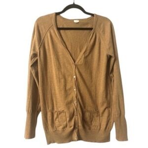 J. Crew Factory L Cardigan Sweater Camel Tan 100% Cotton Classic Preppy Neutral